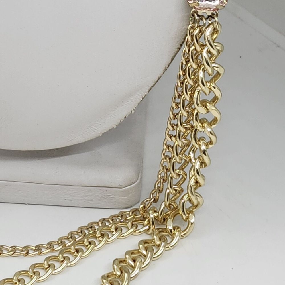 Gold Tone Layered Chain Necklace With Pink Rhinestones - Picture 3 of 7
